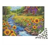 Puzzle de 1000 Piezas Casa Junto al Río con Girasoles para Adultos 52x38cm/1000pcs