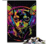 Puzzle de 1000 Piezas Chihuahua DJ Neon de Madera, Rompecabezas de Alta dificultad para Adolescentes, 50x75cm, un Regalo Ideal para Navidad o cumpleaños
