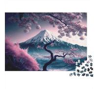 Puzzle de 1000 Piezas de estimulación Mental para Adultos de Vista de montaña de Flores de Cerezo, Monte Fuji, Flores de Cerezo, Lago, crepúsculo, Premium, Grueso, Resistente, desafiante 52x38cm