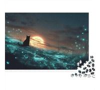 Puzzle de 1000 Piezas de Viaje para Adultos de Gato en Resplandor del Atardecer, Gato Negro, Luna, océano Brillante, místico, Premium, Grueso, Resistente, desafiante 52x38cm/1000pcs.