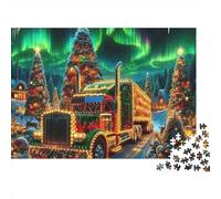 Puzzle de 1000 Piezas difícil para Noche de Juego Familiar de luz de camión navideño, camión, Auroras boreales, árboles, Elfos, Premium, Grueso, Resistente, desafiante 52x38cm/1000pcs.