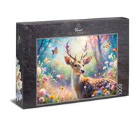 Puzzle de 1000 piezas, diseño de príncipe de cuento de hadas, diseño de bosque suave con ciervos y mariposas en un prado colorido, ilustración natural de cuento de hadas, calidad de rompecabezas