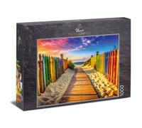 Puzzle de 1000 piezas, diseño de rayas costeras, puente de madera entre vallas coloridas a través de dunas a la costa en la cálida luz de la noche, diseño de playa veraniega y mar para adultos