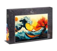 Puzzle de 1000 piezas, "ola y árbol de fuego" - poderosa ola marina se encuentra con un árbol luminoso al atardecer - Diseño artístico de alto contraste en estilo asiático - Calidad fabricado en