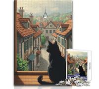 Puzzle de 1000 Piezas para Adolescentes, Gato Negro Mirando a la Ciudad lluviosa, Relajante, Suave, para Actividades de Ocio, Corte Fino y Suave, Juguete Artesanal, tamaño 38x52cm