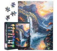 Puzzle de 1000 piezas para adultos, 1000 piezas, puzle para adultos, diseño de paisaje de montaña con espectacular cascada al atardecer, decoración de pared natural, 70 x 50 cm
