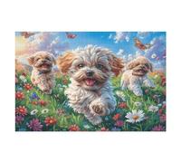 Puzzle De 1000 Piezas para Adultos Caniche Primavera Campo de Flores 75x50cm Patrón Artístico Ideal para Amantes del Arte Decoración De Pared Obra De Arte Coleccionable