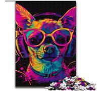 Puzzle de 1000 Piezas para Adultos Chihuahua DJ Neon de Madera, para Adolescentes Mayores de 14 años, decoración del hogar 50x75cm para cumpleaños, Fiestas y Ocasiones Especiales