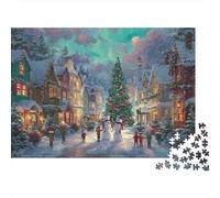 Puzzle de 1000 Piezas para Adultos de Escena de Pueblo navideño, Auroras boreales, Pueblo, árbol, Gente, Nieve, desafiante, difícil, Premium, Grueso, Resistente Alivio del estrés, 70x50cm/1000pcs.