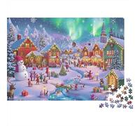 Puzzle de 1000 Piezas para Adultos de Escena de Pueblo navideño, Auroras boreales, Pueblo, muñeco de Nieve, Gente, difícil, Premium, Grueso, Resistente, desafiante 70x50cm/1000pcs.
