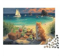 Puzzle de 1000 Piezas para Adultos de Gatos en Picnic de Playa, Gatos, velero, Playa, Atardecer, Picnic, Premium, Grueso, Resistente, desafiante Juego Familiar, Regalo, 52x38cm/1000pcs.