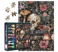 Puzzle de 1000 piezas para adultos, diseño artístico de calaveras humanas con libros y flores, esqueleto y flores para adultos, 70 x 50 cm