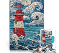 Puzzle de 1000 Piezas para Adultos Faro en el mar tempestuoso Juguete Educativo de Aprendizaje con póster a Juego y Hoja de Trivia 52x38cm