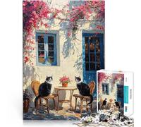 Puzzle de 1000 Piezas para Adultos Gatos en Santorini Alivia el estrés Vacaciones en casa Matar el Tiempo Regalo Divertido 38x26cm