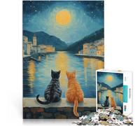 Puzzle de 1000 Piezas para Adultos Gatos Junto al río Iluminado por la Luna Juego Intelectual de Juguete Apto para Parejas 75x50cm