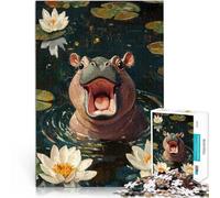 Puzzle de 1000 Piezas para Adultos Hipopótamo Sonriente en nenúfares Juguetes educativos con Piezas de Formas aleatorias Que se entrelazan Completamente 38x26cm