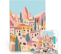 Puzzle de 1000 Piezas para Adultos Ilustración de Arte Minimalista de un Pueblo de Pavos en Tonos Pastel Rompecabezas Buen Regalo 52x38cm