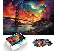 Puzzle de 1000 piezas para adultos Juegos divertidos y coloridos en el puente Golden Gate, 50 x 70 cm, con póster y hoja de preguntas y respuestas surtidas.