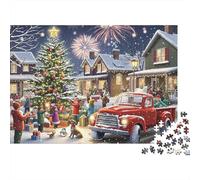 Puzzle de 1000 Piezas para Adultos y Familia de Escena de Pueblo navideño, camión Rojo, árbol de Navidad, Fuegos Artificiales, Gente, Premium, Grueso, Resistente, desafiante, 70x50cm