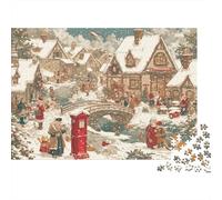 Puzzle de 1000 Piezas para Noche de Juego para Adultos de Escena de Pueblo navideño, Pueblo, buzón, Gente, Nieve, Casas, Premium, Grueso, Resistente desafiante, difícil 52x38cm/1000pcs.
