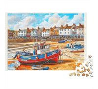 Puzzle de 1000 Piezas para Noche de Juego para Adultos de Pueblo pesquero costero, Playa, Bote Rojo, Casas, Gente, Premium, Grueso, Resistente desafiante, difícil, Alivio del estrés, 70x50cm/1000pcs.