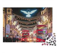 Puzzle de 1000 Piezas Premium para Adultos de Calle con Luces navideñas, Calle de Londres, autobús Rojo, Luces de ángel, Grueso, Resistente, desafiante Juego, 70x50cm/1000pcs.