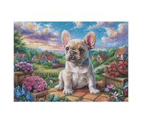 Puzzle De 300 Piezas para Adultos Bulldog Francés Campo de Flores 40x28cm Actividad En Interiores Día De Lluvia Niños Adolescentes Adultos Diversión Familiar Segura