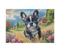 Puzzle De 300 Piezas para Adultos Bulldog Francés Campo de Flores 40x28cm Puzzle De Alivio del Estrés para Empleados De Oficina Ideal para Relajación Después del Trabajo Hobby