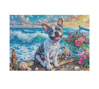 Puzzle De 300 Piezas para Adultos Bulldog francés Playa océano 300 PCS 40x28cm Arte De Pared Enmarcable para Oficina Café Presentación Artística Única para Espacio Comercial