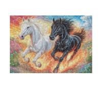 Puzzle De 300 Piezas para Adultos White Black Caballo Campo de Flores 40x28cm Patrón Artístico Ideal para Amantes del Arte Decoración De Pared Obra De Arte Coleccionable