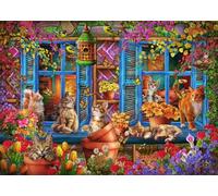 Puzzle de 500 piezas, gatos en el alféizar de la ventana