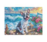 Puzzle De 500 Piezas para Adultos Bulldog Francés Playa Océano 52×38cm Impresión Vibrante No Desvanecible Arte De Pared Enmarcable Ideal para Salón Dormitorio Regalo