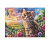 Puzzle De 500 Piezas para Adultos Gato Atigrado Globo Aerostático Jardín de Flores 52×38cm Puzzle Hobby Relajante Ideal para Tiempo Libre Diario Reduce El Estrés Mejora El Estado De Ánimo