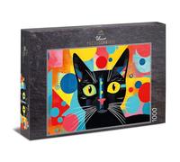 Puzzle de gato de 1000 piezas, color negro vivo, diseño de gato negro frontal sobre fondo geométrico colorido, estilo pop moderno para los amantes del diseño, calidad fabricado en Alemania