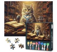 Puzzle de gatos para adultos, 1000 piezas, profesor gato en una biblioteca, rompecabezas de 1000 piezas, puzles surrealistas para adultos, puzles imposibles, 50 x 70 cm