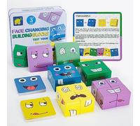 Puzzle de Madera de Expresión Facial, Juguete Montessori Rompecabezas Bloques Construcción de Madera Juegos con 16 Cubos y 64 Tarjetas, Educativo Regalo para Infantil Niños 3+ Años