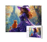 Puzzle de Madera para Adultos 6000 Piezas - Bruja Gato Naranja, Obra de Arte de Juego de Rompecabezas para Adultos, Puzzle de Impresión de Alta Definición Multicolor, Pasatiempo Creativo Regalo d-594