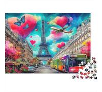 Puzzle Duro Cosmic Cityscape 1000 Piezas Adultos Torre Eiffel París Corazones Autobús Premium Grueso Resistente Vibrante Desafiante Alivio Estrés 70x50cm/1000pzs