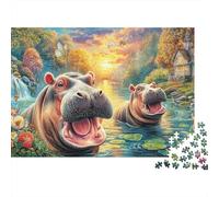 Puzzle Duro Hippo Paradise 1000 Piezas Adultos Hipopótamos Río Cascada Atardecer Flores Premium Grueso Resistente Vibrante Desafiante Alivio Estrés 70x50cm/1000pzs