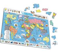 Puzzle educativo mapa político mundial 107 piezas - Larsen K1 - Rompecabezas geografía con marco y bandeja - Niños y adultos