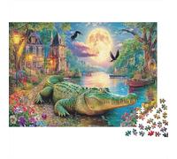 Puzzle Escena Cocodrilo Luz de Luna para Adultos Niños: Cocodrilo bajo Castillo Lunar Mayores de 12 Años Juego Educativo 52x38cm/1000 Piezas