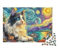 Puzzle Estimulación Mental Cat in Starry Night Style 1000 Piezas Adultos Gato Calicó Noche Estrellada Van Gogh Premium Grueso Resistente Desafiante Alivio Estrés 52x38cm/1000pcs