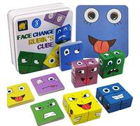 Puzzle Expresiones de Madera, Montessori Interactivo Juguete Rompecabezas Cubos Mágicos Emoji, Bloques Construcción de Madera Juegos Creativos Diseños IQ Cube para Niños 3+ Años