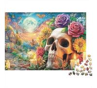 Puzzle Familiar Skull and Flowers 1000 Piezas Adultos Calavera Rosas Mariposas Luna Llena Cabaña Premium Grueso Resistente Desafiante Alivio Estrés 38x26cm/1000pzs