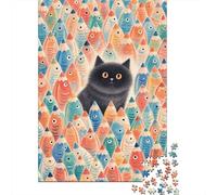 Puzzle Gato 1000 Piezas para Adultos Juego Difícil De Madera Rompecabezas Gato Negro Peces Coloridos Decorativo Regalo Original 1000pcs (75x50cm)