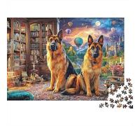 Puzzle Grueso German Shepherds in Library 1000 Piezas Adultos Pastores Biblioteca Castillo Premium Resistente Vibrante Desafiante Duro Difícil Alivio Estrés 70x50cm/1000pzs