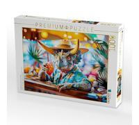 Puzzle · Hora de cóctel - Dino en el Bar de la Playa | Dino se sienta en el bar de cócteles y sorbe con placer · 1000 piezas · Tamaño de la cama 64 × 48 cm · CALVENDO Puzzle