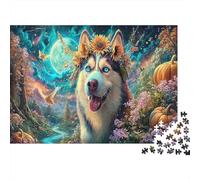Puzzle Husky con Corona de Girasol por la Noche Mascotas Rompecabezas De 1000 Piezas - Desafiante, Regalo, Decoración del Hogar, para Adultos 70x50cm/1000pcs