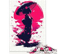 Puzzle in Legno da 1000 pezzi tradizionali giapponesi con Donna Sotto la Luna di Sakura, attività per famiglie, 1000 pezzi (75x50 cm)