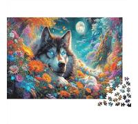 Puzzle Lobo descansando en el Campo de Flores iluminadas por la Luna Vida Silvestre Rompecabezas 1000 Piezas - Adultos, Regalo, Juego Familiar, Decoración del Hogar 52x38cm/1000pcs